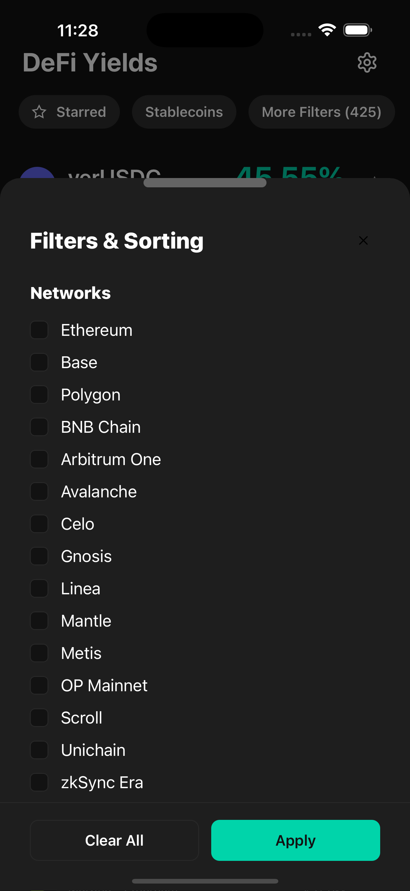 Filters screen